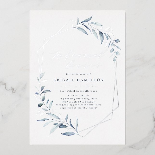Dusty Blue Rose Gold Rustic Rehearsal Dinner Foil  (Front)