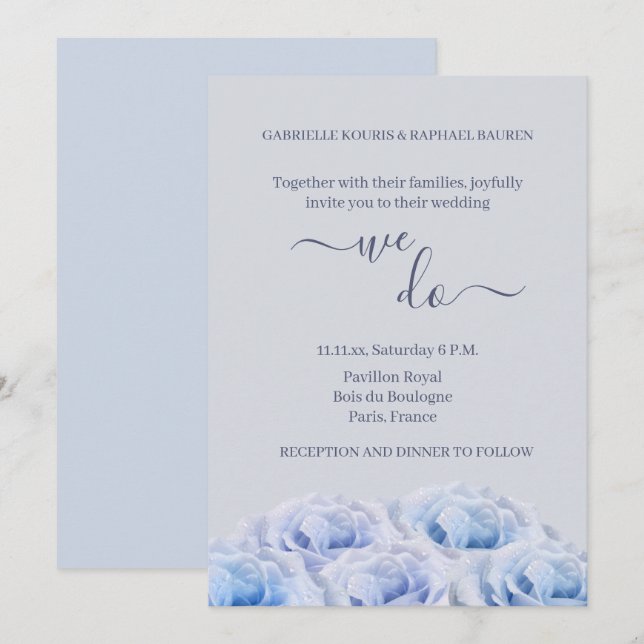 Dusty Blue Rose Grey Floral Elegant We Do Wedding Invitation (Front/Back)