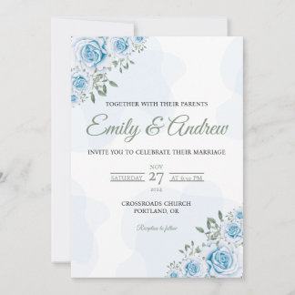 Dusty Blue Rose Modern Floral Watercolor Wedding Invitation