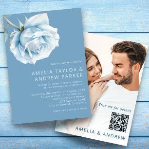 Dusty Blue Rose Modern Watercolor Floral Wedding Invitation