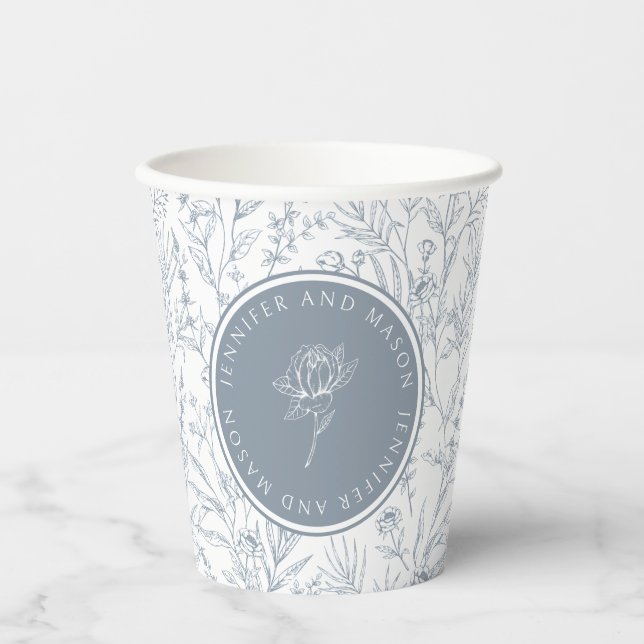 Dusty blue rose monogram wedding paper cups (Front)