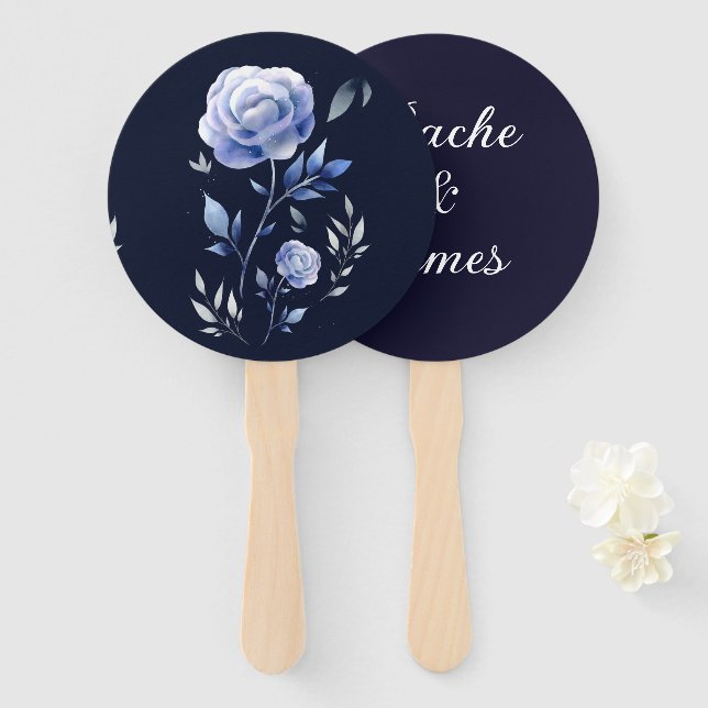 Dusty blue rose navy blue elegant floral hand fan (Front and Back)
