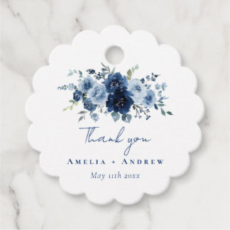 Dusty Blue Rose Navy Floral Elegant Wedding Favour Tags