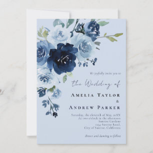 Dusty Blue Rose Navy Floral QR Code Wedding Invitation