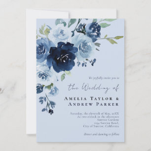 Dusty Blue Rose Navy Floral QR Code Wedding Invitation
