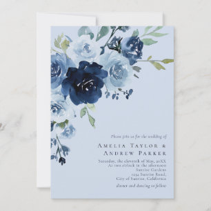 Dusty Blue Rose Navy Floral QR Code Wedding Invitation