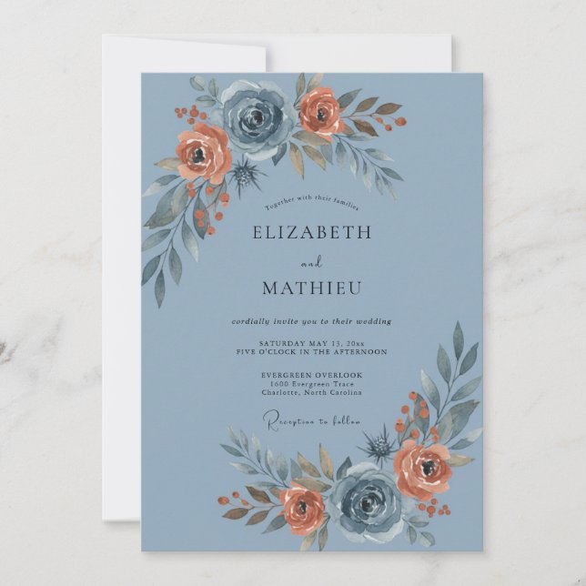 Dusty Blue Rose Painterly Wedding Invitation (Front)