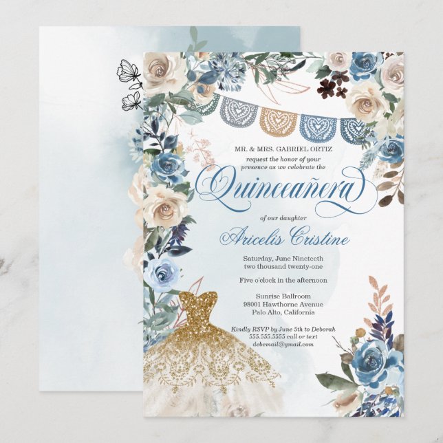 Dusty Blue Rose Papel Picado Country Quinceañera Invitation (Front/Back)
