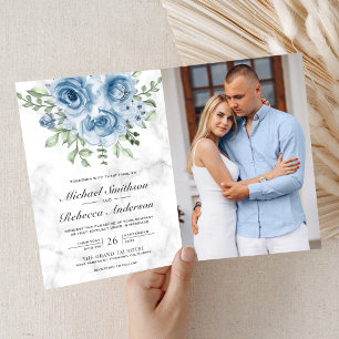 Dusty Blue Rose Photo White Marble QR Code Wedding Invitation