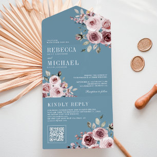 Dusty Blue Rose Pink Floral QR Code Wedding All In One Invitation