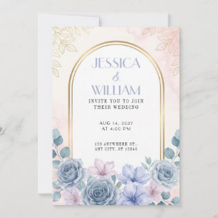 Dusty Blue Rose Pink Gold Arch Wedding Invitation