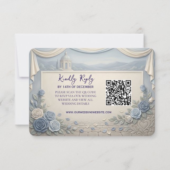 Dusty Blue Rose Romantic Wedding QR Code  RSVP Card (Front)