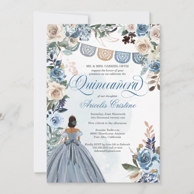 Dusty Blue Rose Rustic Country Quinceañera Invitat Invitation (Front)