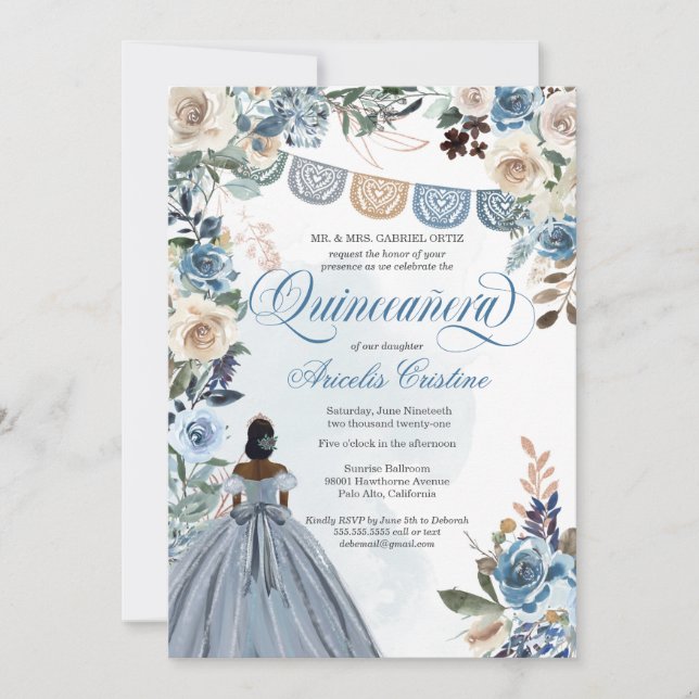 Dusty Blue Rose Rustic Country Quinceañera Invitation (Front)