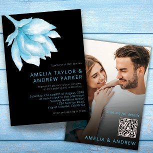 Dusty Blue Rose Watercolor QR Code Photo Wedding Invitation