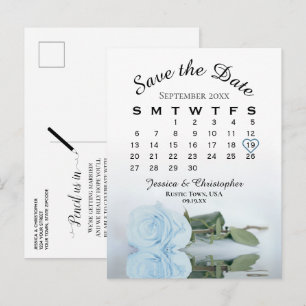 Dusty Blue Rose Wedding Calendar Save the Date Announcement Postcard