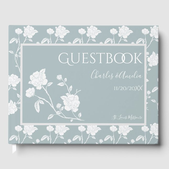Dusty Blue Rose Wedding Guest Book (Front)
