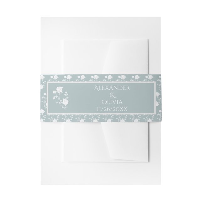 Dusty Blue Rose Wedding Invitation Belly Band (Front Example)