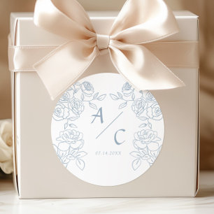 Dusty Blue Rose Wedding Monogram Floral Initials Classic Round Sticker