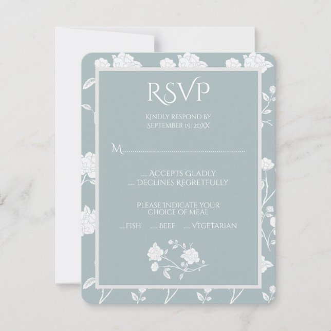 Dusty Blue Rose Wedding RSVP Card (Front)