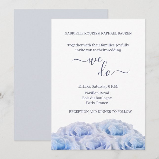 Dusty Blue Rose White Floral Elegant We Do Wedding Invitation (Front/Back)