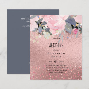 Dusty Blue Rosegold Floral Wedding Invite