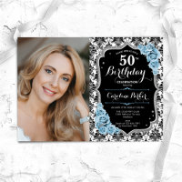 Dusty Blue Roses Black Damask Photo 50th Birthday