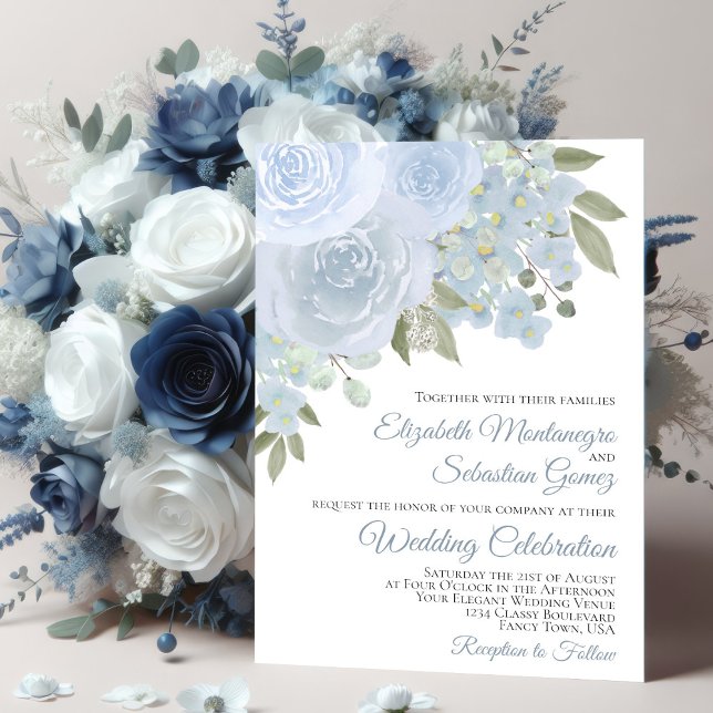 Dusty Blue Roses & Blossoms Elegant Wedding Invitation (In Situ with Flowers)