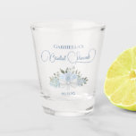 Dusty Blue Roses Bouquet Elegant Bridal Shower Shot Glass<br><div class="desc">These beautiful shot glasses are a fun and thoughtful way to thank your guests for coming to your bridal shower. They feature a beautiful boho chic design with elegant script lettering and a cluster or bouquet of hand painted watercolor roses in shades of light dusty blue, along with eucalyptus leaves...</div>