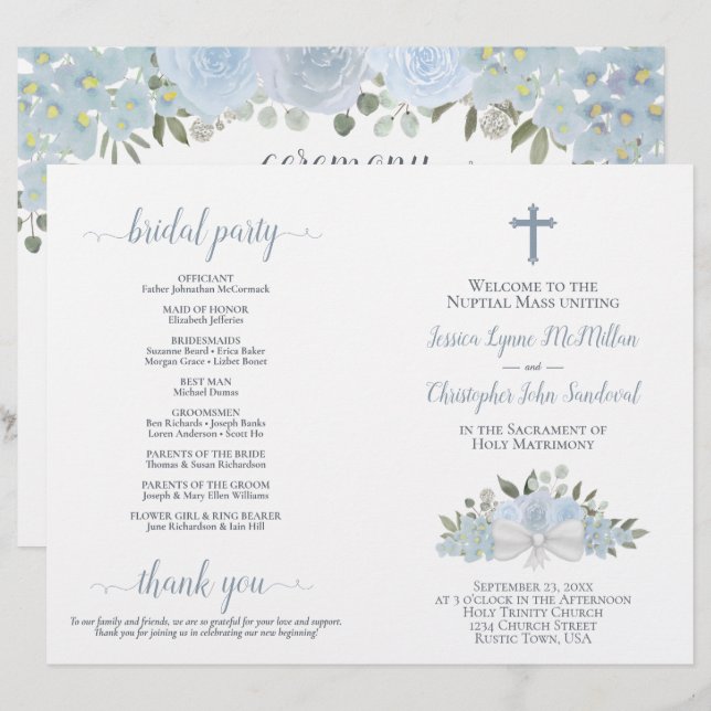 Dusty Blue Roses DIY Fold Catholic Wedding Program (Front/Back)