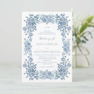 Dusty Blue Roses Elegant Floral Wedding Invitation
