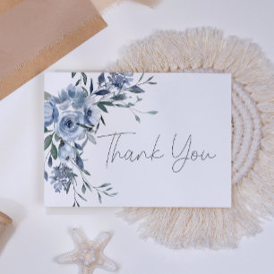 Dusty Blue Roses Flowers Script Wedding Thank You Card