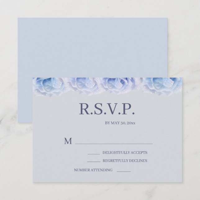 Dusty Blue Roses Grey Elegant Floral Wedding RSVP Invitation (Front/Back)
