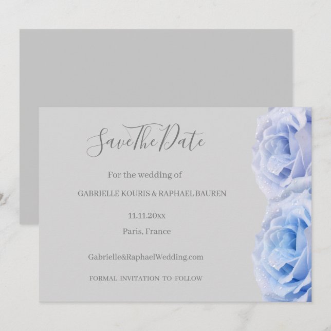 Dusty Blue Roses Grey Floral Save The Date Wedding Invitation (Front/Back)