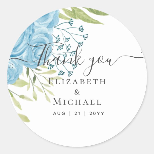 Dusty Blue Roses Lime Leaves Wedding Budget Classic Round Sticker (Front)