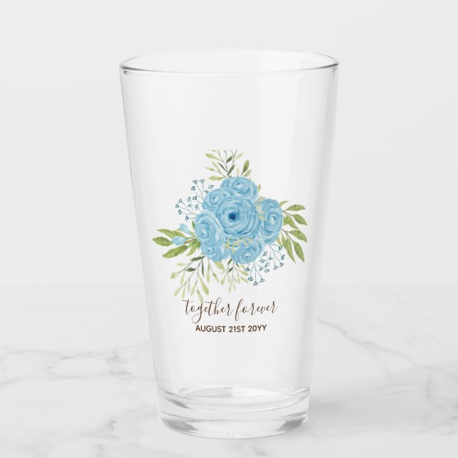 Dusty Blue Roses NewlyWeds Wedding Gift Personal Glass (Front)
