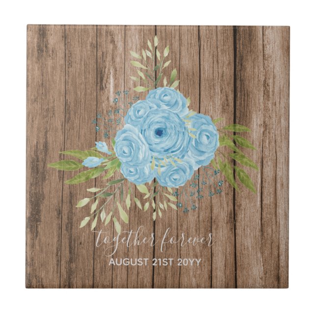 Dusty Blue Roses NewlyWeds Wedding Gift Personal Tile (Front)