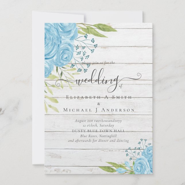 Dusty Blue Roses Rustic Driftwood Wedding Invites (Front)