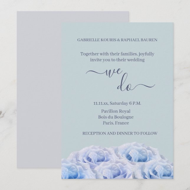 Dusty Blue Roses Sage Grey Floral We Do Wedding Invitation (Front/Back)