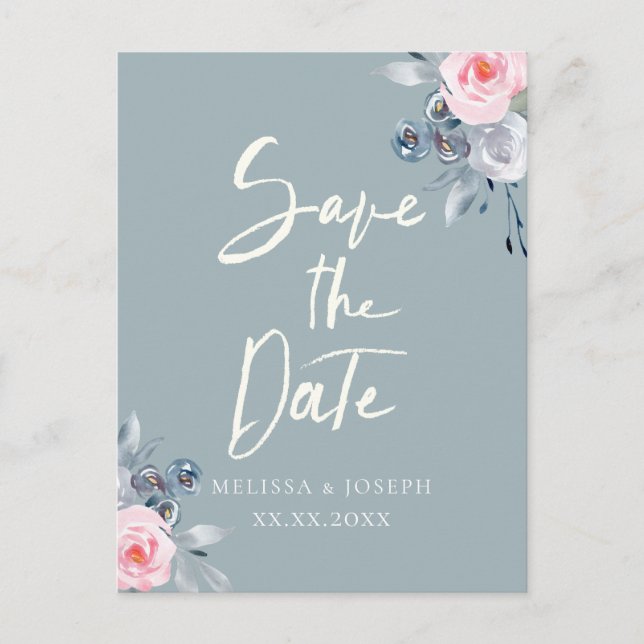 dusty blue roses save the date script announcement postcard (Front)
