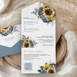 Dusty Blue Roses Sunflowers QR Code Wedding All In One Invitation
