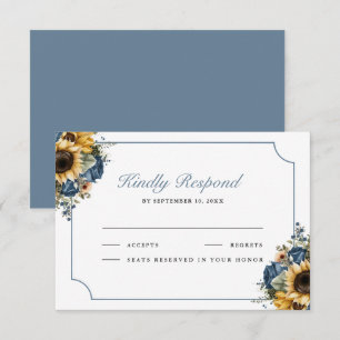 Dusty Blue Roses Sunflowers Wedding RSVP Card