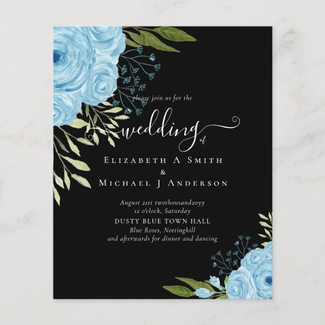 Dusty Blue Roses Wedding Budget Flyer (Front)