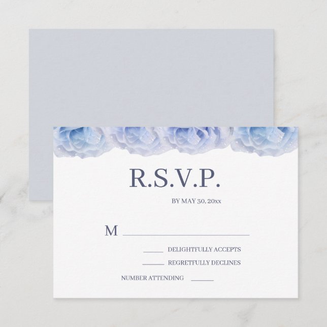 Dusty Blue Roses White Elegant Floral Wedding RSVP Invitation (Front/Back)