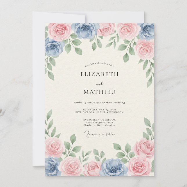 Dusty Blue Rosy Spring Wedding Invitation (Front)