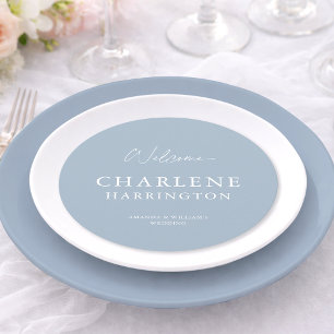 Dusty Blue Round Wedding Menu with Guest Name