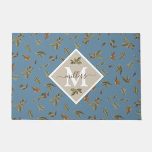 Dusty Blue Rustic Brown Leaves Family Monogrammed Doormat