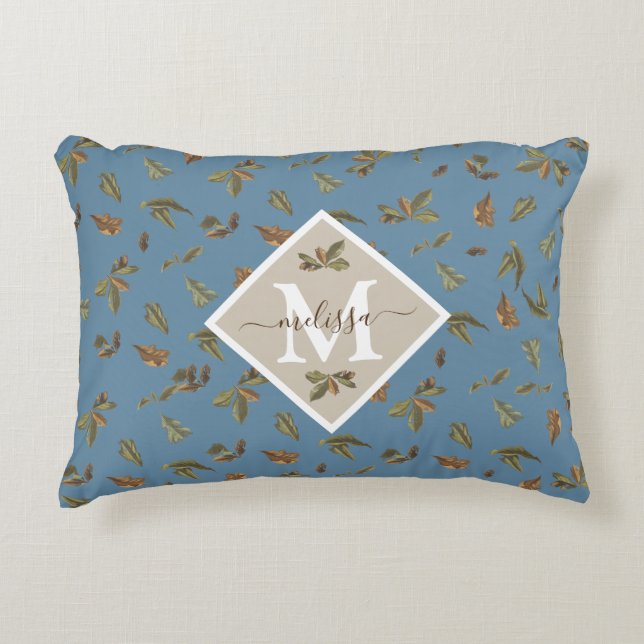 Dusty Blue Rustic Brown Leaves Monogrammed Accent Pillow (Front)
