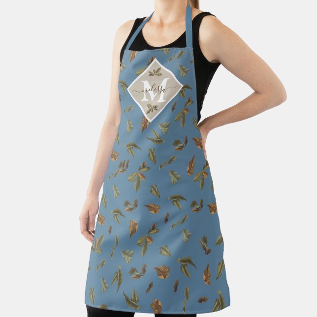 Dusty Blue Rustic Brown Leaves Monogrammed  Apron (Insitu)