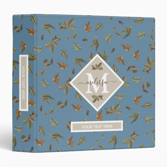 Dusty Blue Rustic Brown Leaves Monogrammed Binder (Front/Spine)